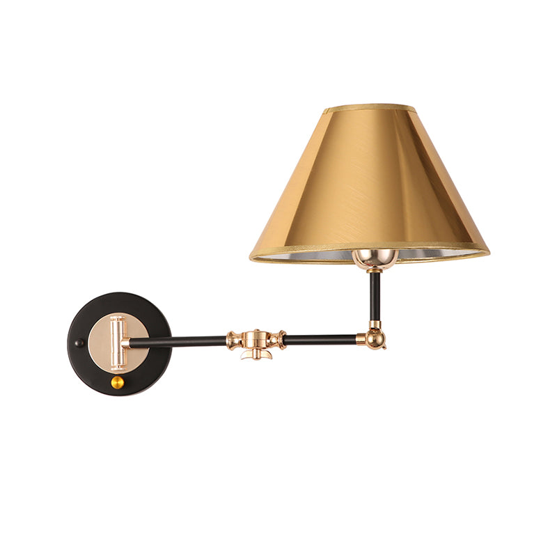 Cone Shade Bedroom Wall Light Fixture Metal 1 Head Industrial Stylish Wall Sconce Lamp with Swing Arm in Gold Clearhalo 'Art deco wall lights' 'Cast Iron' 'Glass' 'Industrial wall lights' 'Industrial' 'Middle century wall lights' 'Modern' 'Rustic wall lights' 'Tiffany' 'Traditional wall lights' 'Wall Lamps & Sconces' 'Wall Lights' Lighting' 257855