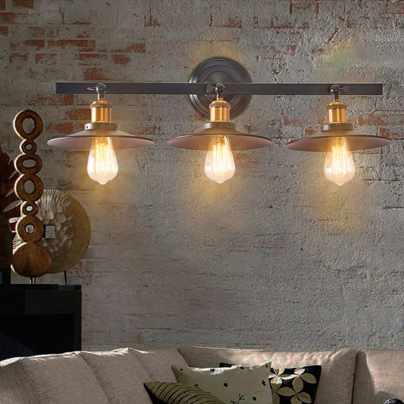 Warehouse Style Linear Wall Lighting Iron 3 Lights Coffee Shop Wall Mounted Lamp with Flared Shade in Black Clearhalo 'Art deco wall lights' 'Cast Iron' 'Glass' 'Industrial wall lights' 'Industrial' 'Middle century wall lights' 'Modern' 'Rustic wall lights' 'Tiffany' 'Traditional wall lights' 'Wall Lamps & Sconces' 'Wall Lights' Lighting' 257873
