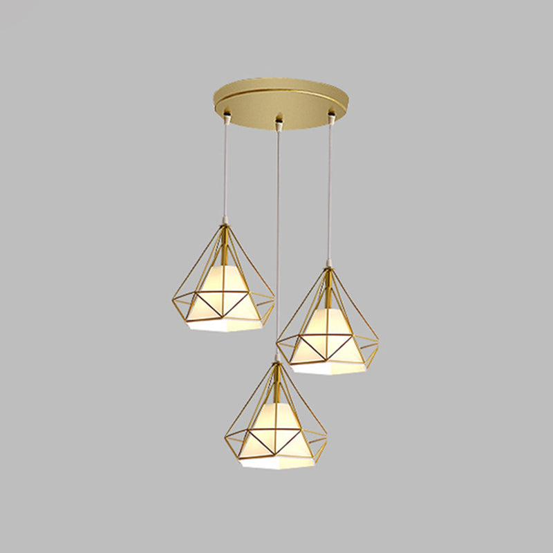 3 Lights Diamond Cage Multi Pendants Industrial Metal Ceiling Light with Hanging Cord for Hallway Gold Round Clearhalo 'Ceiling Lights' 'Modern Pendants' 'Modern' 'Pendant Lights' 'Pendants' Lighting' 2578734