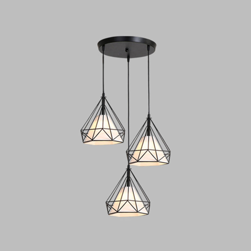 3 Lights Diamond Cage Multi Pendants Industrial Metal Ceiling Light with Hanging Cord for Hallway Black Round Clearhalo 'Ceiling Lights' 'Modern Pendants' 'Modern' 'Pendant Lights' 'Pendants' Lighting' 2578735