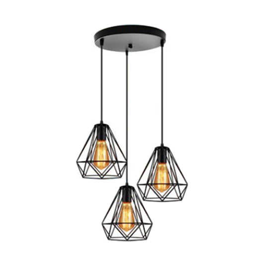 3 Lights Diamond Cage Multi Pendant Light Industrial Metal Hanging Pendant Lights for Restaurant Black Round Clearhalo 'Ceiling Lights' 'Modern Pendants' 'Modern' 'Pendant Lights' 'Pendants' Lighting' 2578749