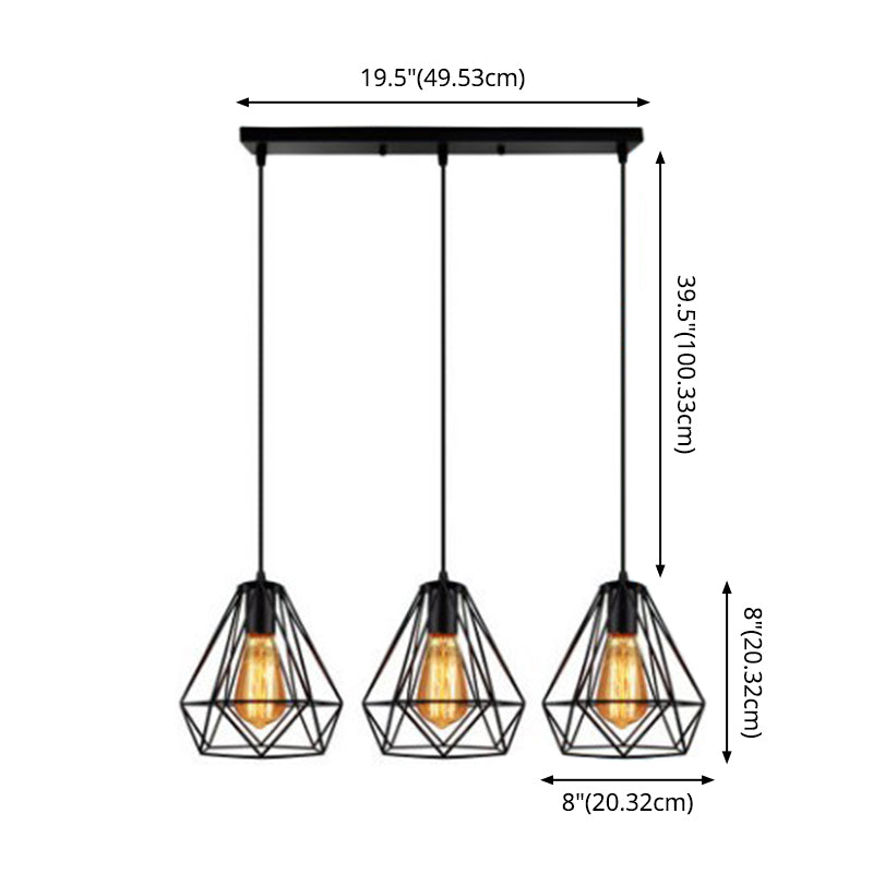 3 Lights Diamond Cage Multi Pendant Light Industrial Metal Hanging Pendant Lights for Restaurant Clearhalo 'Ceiling Lights' 'Modern Pendants' 'Modern' 'Pendant Lights' 'Pendants' Lighting' 2578753