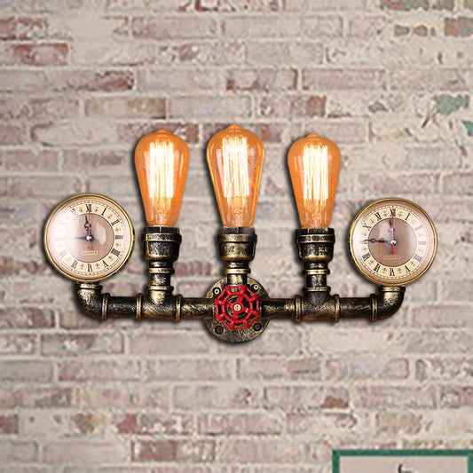 Antique Brass Pipe Wall Sconce Rustic Stylish 3 Heads Wrought Iron Wall Light Fixture with Gauge and Valve Deco Clearhalo 'Art deco wall lights' 'Cast Iron' 'Glass' 'Industrial wall lights' 'Industrial' 'Middle century wall lights' 'Modern' 'Rustic wall lights' 'Tiffany' 'Traditional wall lights' 'Wall Lamps & Sconces' 'Wall Lights' Lighting' 257878