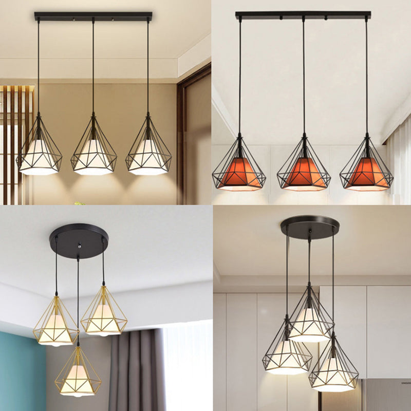3 Lights Diamond Cage Multi Pendant Light Creative Industrial Metal Multi-Light Pendant for Restaurant Clearhalo 'Ceiling Lights' 'Modern Pendants' 'Modern' 'Pendant Lights' 'Pendants' Lighting' 2578797