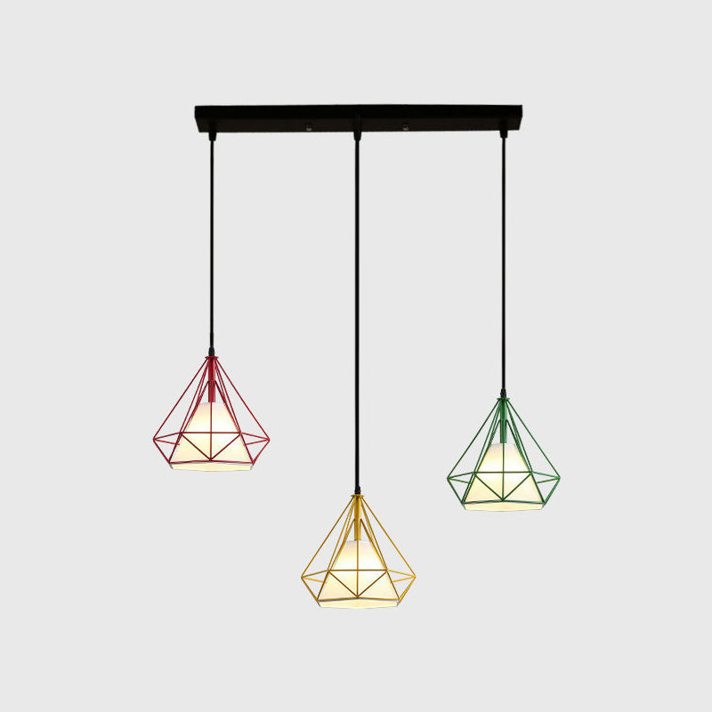 3 Lights Diamond Cage Multi Pendant Light Creative Industrial Metal Multi-Light Pendant for Restaurant Green-Red Linear Clearhalo 'Ceiling Lights' 'Modern Pendants' 'Modern' 'Pendant Lights' 'Pendants' Lighting' 2578798