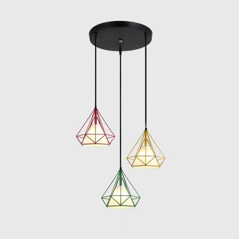 3 Lights Diamond Cage Multi Pendant Light Creative Industrial Metal Multi-Light Pendant for Restaurant Green-Red Round Clearhalo 'Ceiling Lights' 'Modern Pendants' 'Modern' 'Pendant Lights' 'Pendants' Lighting' 2578801