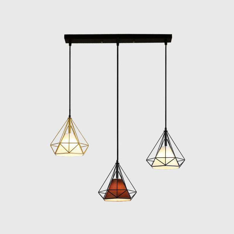 3 Lights Diamond Cage Multi Pendant Light Creative Industrial Metal Multi-Light Pendant for Restaurant Gold-Black Linear Clearhalo 'Ceiling Lights' 'Modern Pendants' 'Modern' 'Pendant Lights' 'Pendants' Lighting' 2578803