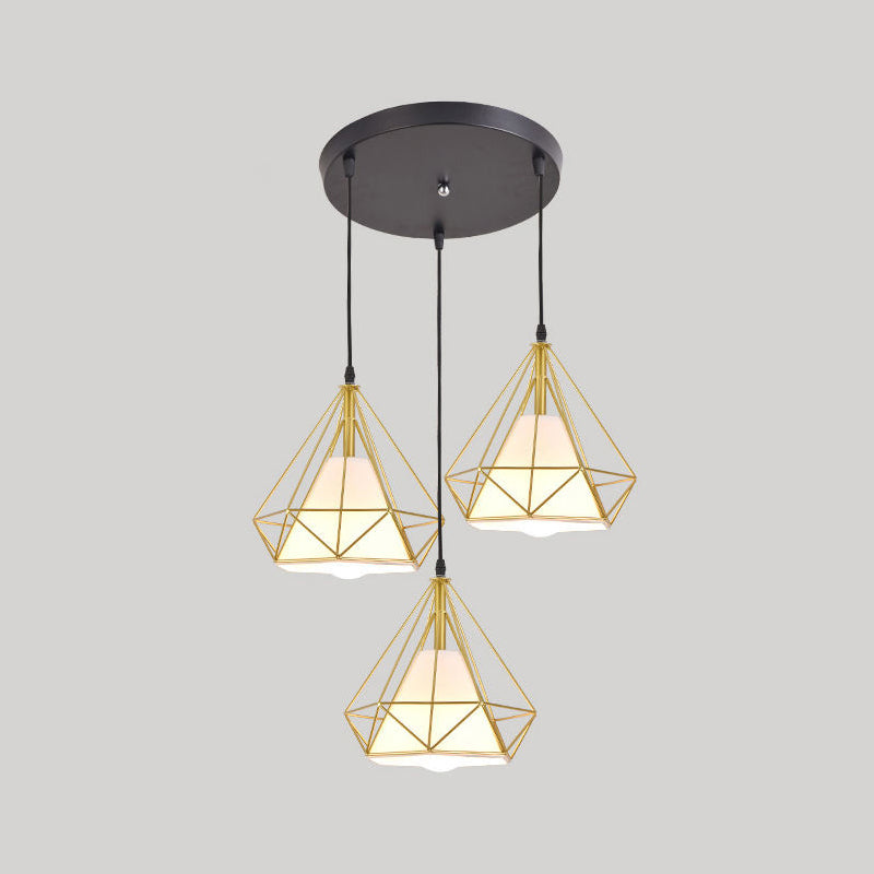 3 Lights Diamond Cage Multi Pendant Light Creative Industrial Metal Multi-Light Pendant for Restaurant Gold Round Clearhalo 'Ceiling Lights' 'Modern Pendants' 'Modern' 'Pendant Lights' 'Pendants' Lighting' 2578809