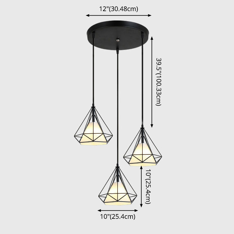 3 Lights Diamond Cage Multi Pendant Light Creative Industrial Metal Multi-Light Pendant for Restaurant Clearhalo 'Ceiling Lights' 'Modern Pendants' 'Modern' 'Pendant Lights' 'Pendants' Lighting' 2578810