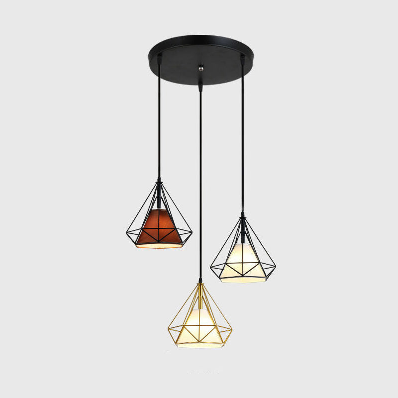 3 Lights Diamond Cage Multi Pendant Light Creative Industrial Metal Multi-Light Pendant for Restaurant Gold-Black Round Clearhalo 'Ceiling Lights' 'Modern Pendants' 'Modern' 'Pendant Lights' 'Pendants' Lighting' 2578811