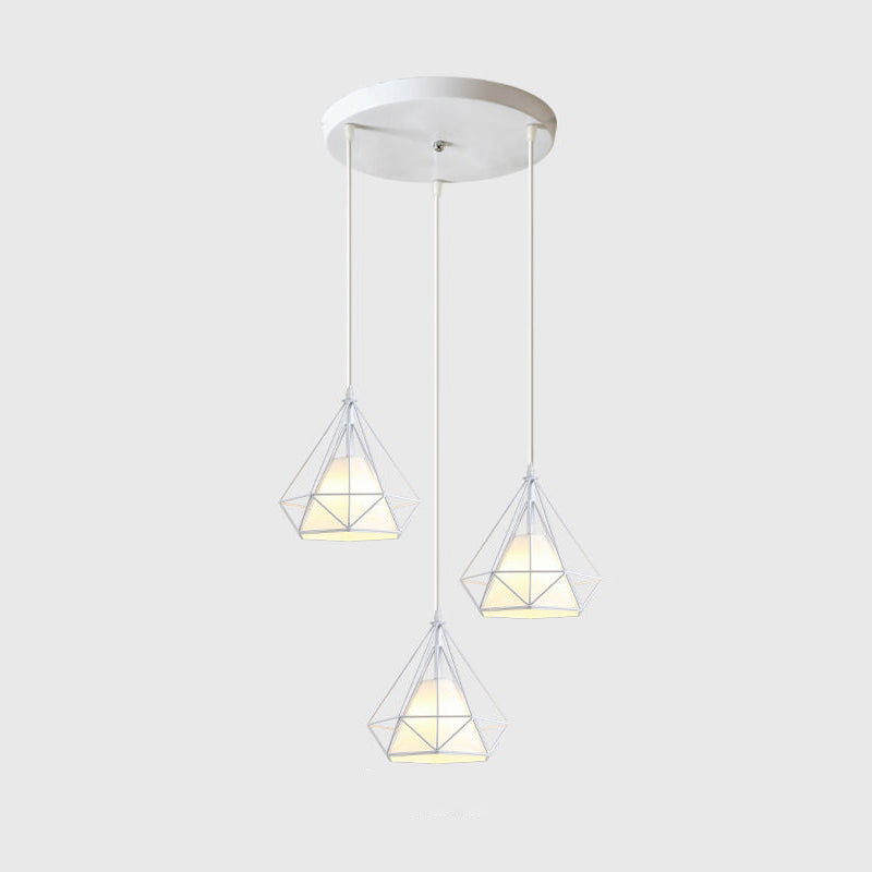 3 Lights Diamond Cage Multi Pendant Light Creative Industrial Metal Multi-Light Pendant for Restaurant White Round Clearhalo 'Ceiling Lights' 'Modern Pendants' 'Modern' 'Pendant Lights' 'Pendants' Lighting' 2578813