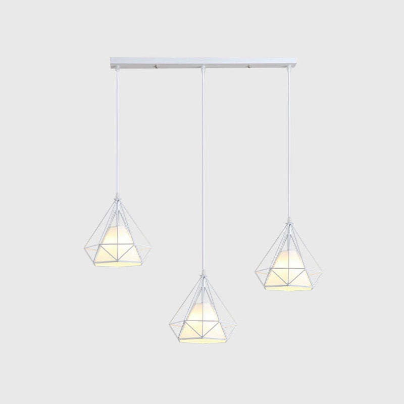 3 Lights Diamond Cage Multi Pendant Light Creative Industrial Metal Multi-Light Pendant for Restaurant White Linear Clearhalo 'Ceiling Lights' 'Modern Pendants' 'Modern' 'Pendant Lights' 'Pendants' Lighting' 2578817