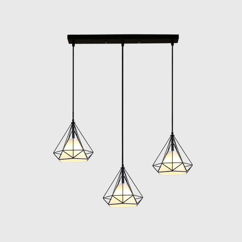 3 Lights Diamond Cage Multi Pendant Light Creative Industrial Metal Multi-Light Pendant for Restaurant Black Linear Clearhalo 'Ceiling Lights' 'Modern Pendants' 'Modern' 'Pendant Lights' 'Pendants' Lighting' 2578819