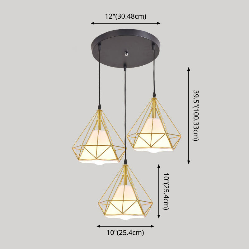 3 Lights Diamond Cage Multi Pendant Light Creative Industrial Metal Multi-Light Pendant for Restaurant Clearhalo 'Ceiling Lights' 'Modern Pendants' 'Modern' 'Pendant Lights' 'Pendants' Lighting' 2578820