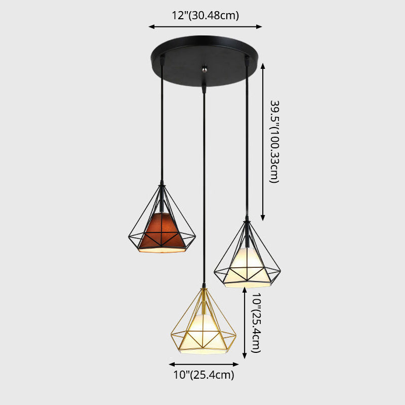 3 Lights Diamond Cage Multi Pendant Light Creative Industrial Metal Multi-Light Pendant for Restaurant Clearhalo 'Ceiling Lights' 'Modern Pendants' 'Modern' 'Pendant Lights' 'Pendants' Lighting' 2578821