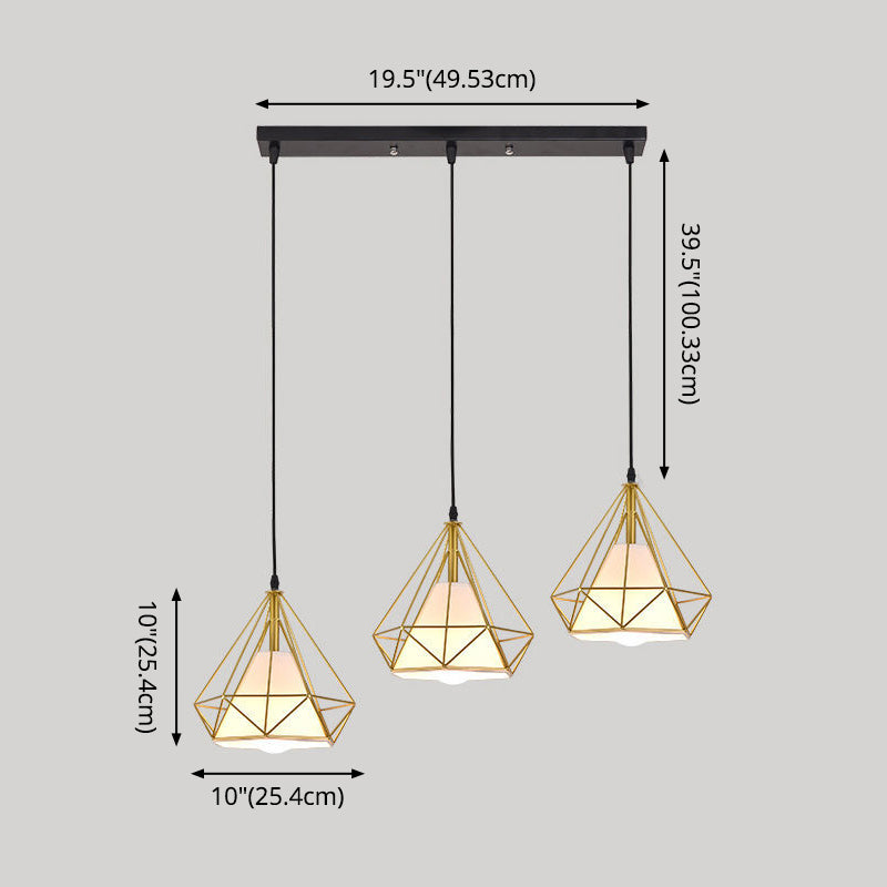 3 Lights Diamond Cage Multi Pendant Light Creative Industrial Metal Multi-Light Pendant for Restaurant Clearhalo 'Ceiling Lights' 'Modern Pendants' 'Modern' 'Pendant Lights' 'Pendants' Lighting' 2578823
