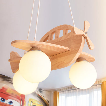 3 Lights Airplane Pendant Light Fixture Cartoon Wooden Suspension Pendant Light with Ball White Glass Shade Wood Clearhalo 'Ceiling Lights' 'Pendant Lights' 'Pendants' Lighting' 2579028