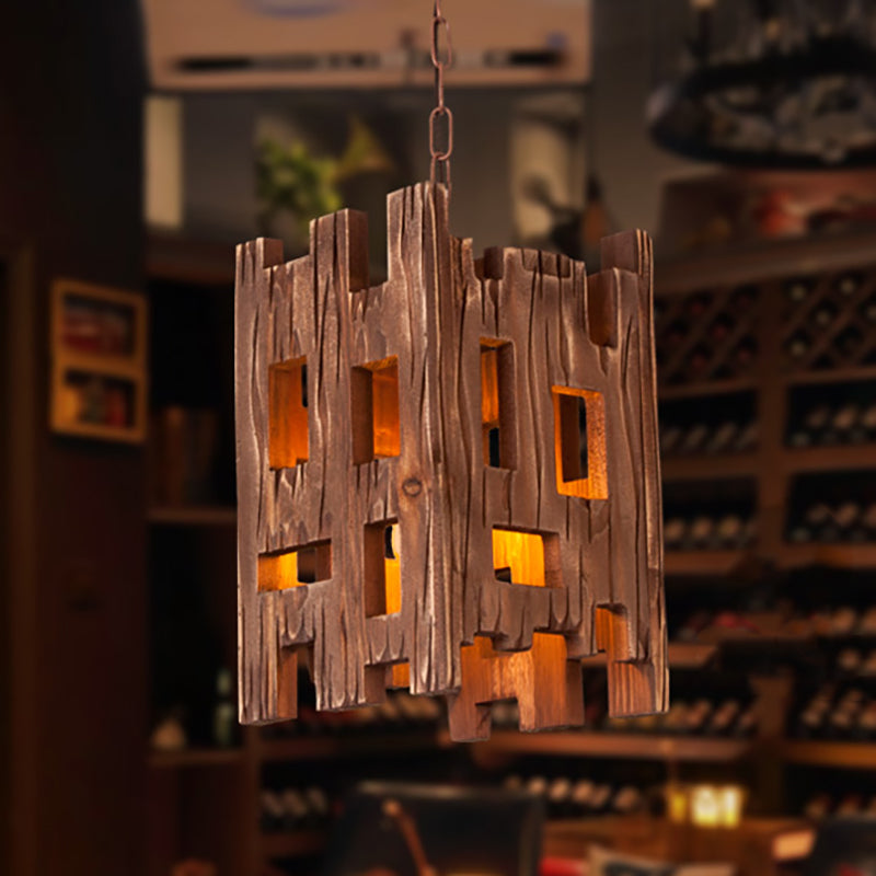 Wooden Rectangular Pendant Lamp Country Style 1 Bulb Brown Hanging Light Fixture with Adjustable Chain Clearhalo 'Ceiling Lights' 'Industrial Pendants' 'Industrial' 'Middle Century Pendants' 'Pendant Lights' 'Pendants' 'Tiffany' Lighting' 257909