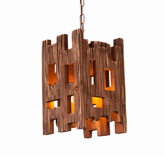 Wooden Rectangular Pendant Lamp Country Style 1 Bulb Brown Hanging Light Fixture with Adjustable Chain Clearhalo 'Ceiling Lights' 'Industrial Pendants' 'Industrial' 'Middle Century Pendants' 'Pendant Lights' 'Pendants' 'Tiffany' Lighting' 257911
