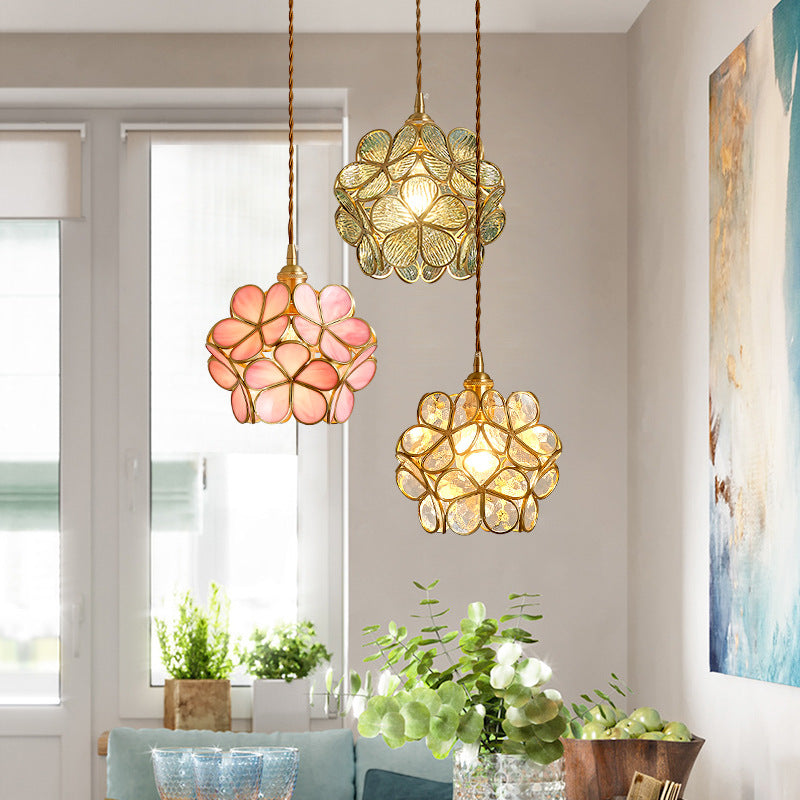 1 Light Flower Hanging Ceiling Light Nordic Style Metallic Down Lighting Pendant for Restaurant Clearhalo 'Ceiling Lights' 'Glass shade' 'Glass' 'Pendant Lights' 'Pendants' Lighting' 2579150