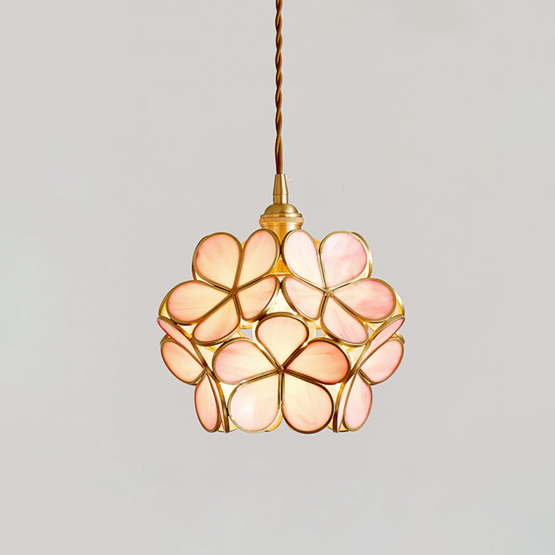 1 Light Flower Hanging Ceiling Light Nordic Style Metallic Down Lighting Pendant for Restaurant Pink Clearhalo 'Ceiling Lights' 'Glass shade' 'Glass' 'Pendant Lights' 'Pendants' Lighting' 2579155