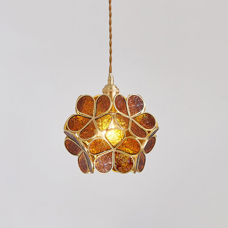 1 Light Flower Hanging Ceiling Light Nordic Style Metallic Down Lighting Pendant for Restaurant Deep Tan Clearhalo 'Ceiling Lights' 'Glass shade' 'Glass' 'Pendant Lights' 'Pendants' Lighting' 2579156