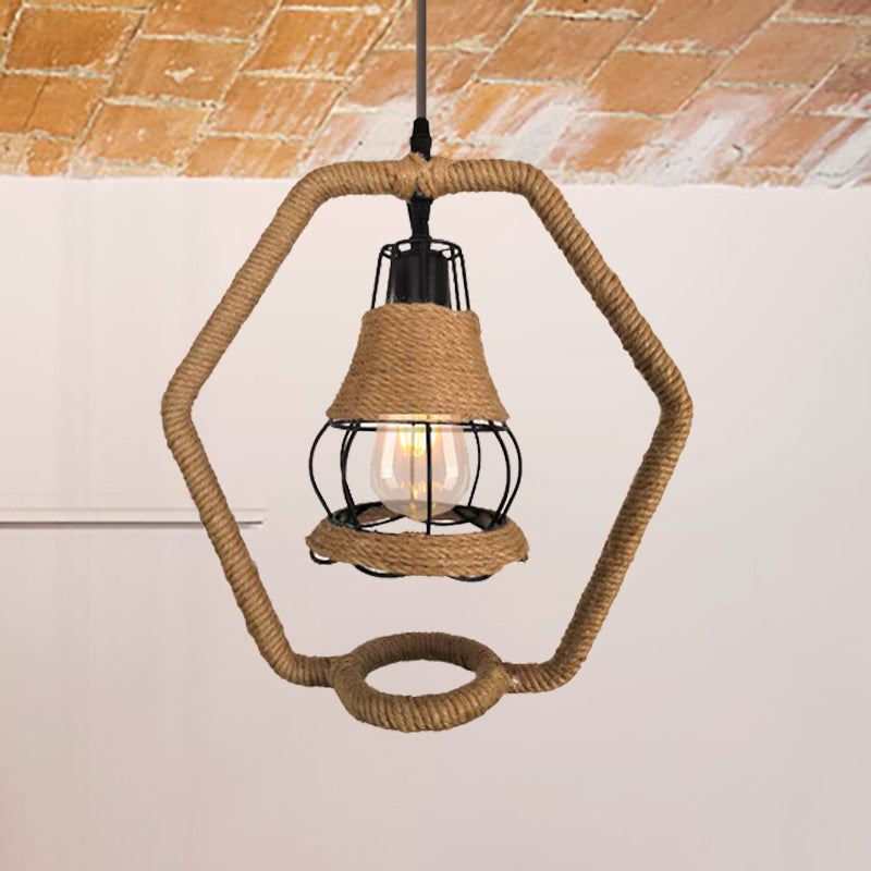 Black Wire Cage Hanging Lighting Country Style 1 Head Metal and Rope Ceiling Lamp with Hexagon Shape Clearhalo 'Ceiling Lights' 'Industrial Pendants' 'Industrial' 'Middle Century Pendants' 'Pendant Lights' 'Pendants' 'Tiffany' Lighting' 257918