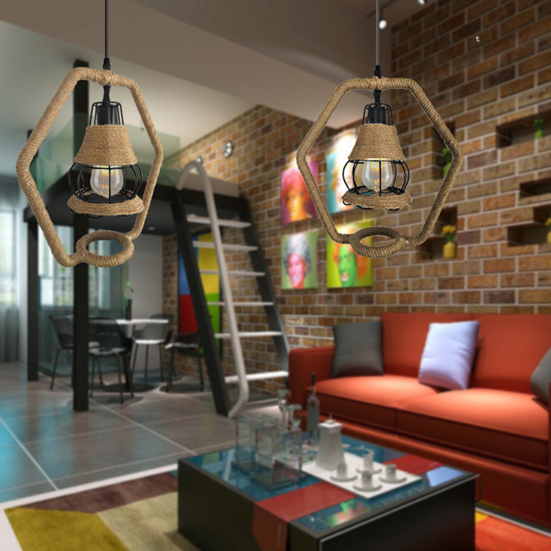 Black Wire Cage Hanging Lighting Country Style 1 Head Metal and Rope Ceiling Lamp with Hexagon Shape Clearhalo 'Ceiling Lights' 'Industrial Pendants' 'Industrial' 'Middle Century Pendants' 'Pendant Lights' 'Pendants' 'Tiffany' Lighting' 257919