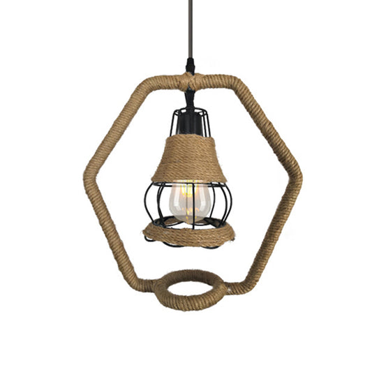 Black Wire Cage Hanging Lighting Country Style 1 Head Metal and Rope Ceiling Lamp with Hexagon Shape Clearhalo 'Ceiling Lights' 'Industrial Pendants' 'Industrial' 'Middle Century Pendants' 'Pendant Lights' 'Pendants' 'Tiffany' Lighting' 257920