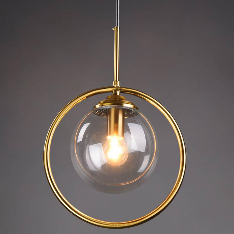 Mid-Century Design Globe Hanging Lamp Glass Shade with Metal Ring For Bedroom Clearhalo 'Ceiling Lights' 'Glass shade' 'Glass' 'Modern Pendants' 'Modern' 'Pendant Lights' 'Pendants' Lighting' 2579305