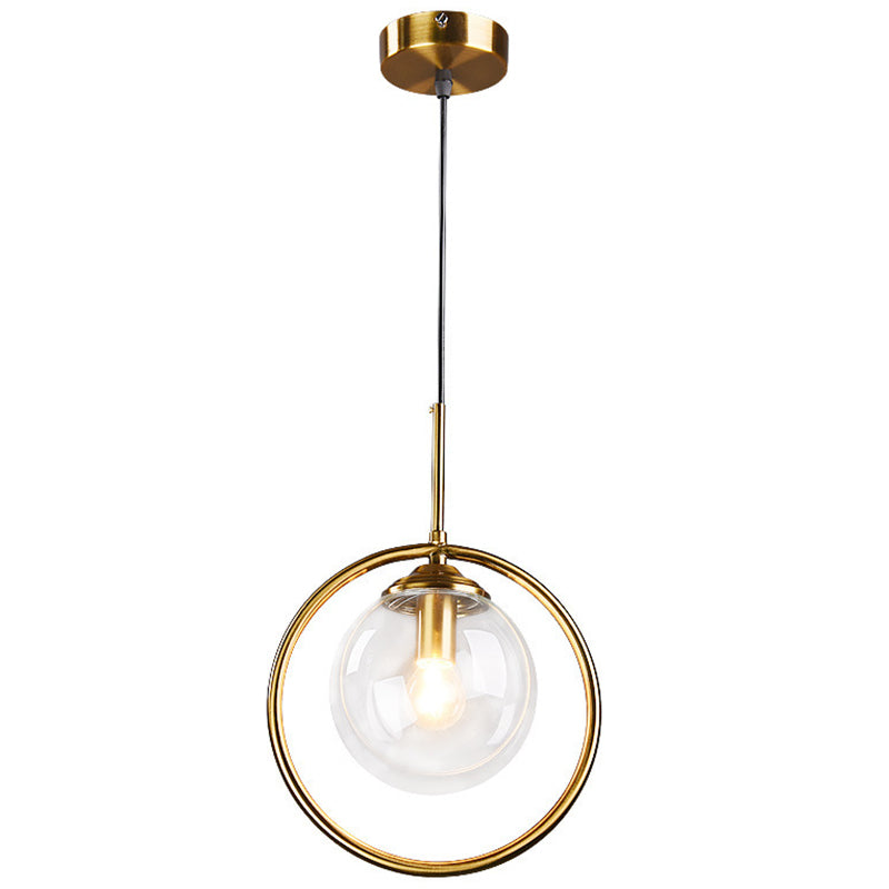 Mid-Century Design Globe Hanging Lamp Glass Shade with Metal Ring For Bedroom Clearhalo 'Ceiling Lights' 'Glass shade' 'Glass' 'Modern Pendants' 'Modern' 'Pendant Lights' 'Pendants' Lighting' 2579311