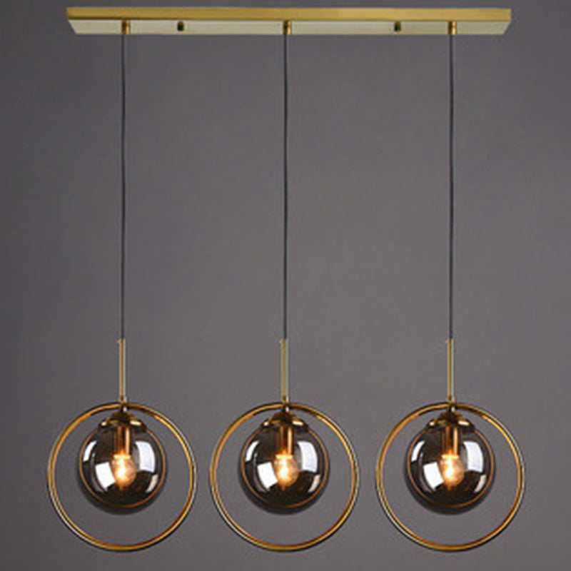 Mid-Century Design Globe Hanging Lamp Glass Shade with Metal Ring For Bedroom Grey Linear Clearhalo 'Ceiling Lights' 'Glass shade' 'Glass' 'Modern Pendants' 'Modern' 'Pendant Lights' 'Pendants' Lighting' 2579314