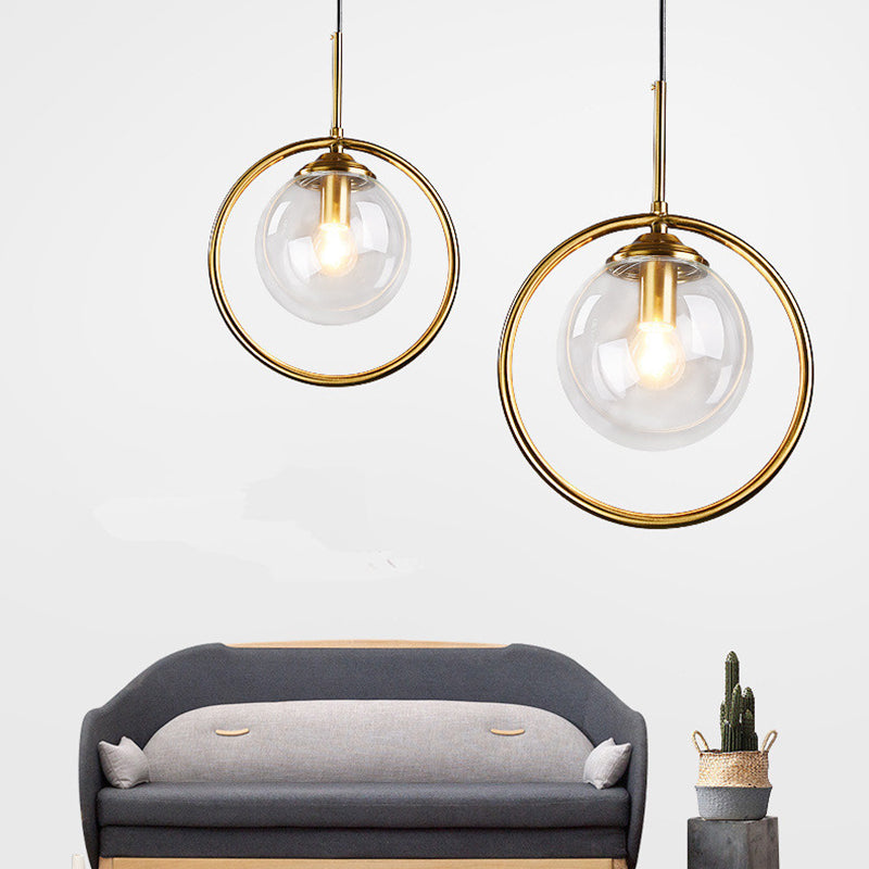 Mid-Century Design Globe Hanging Lamp Glass Shade with Metal Ring For Bedroom Clearhalo 'Ceiling Lights' 'Glass shade' 'Glass' 'Modern Pendants' 'Modern' 'Pendant Lights' 'Pendants' Lighting' 2579318