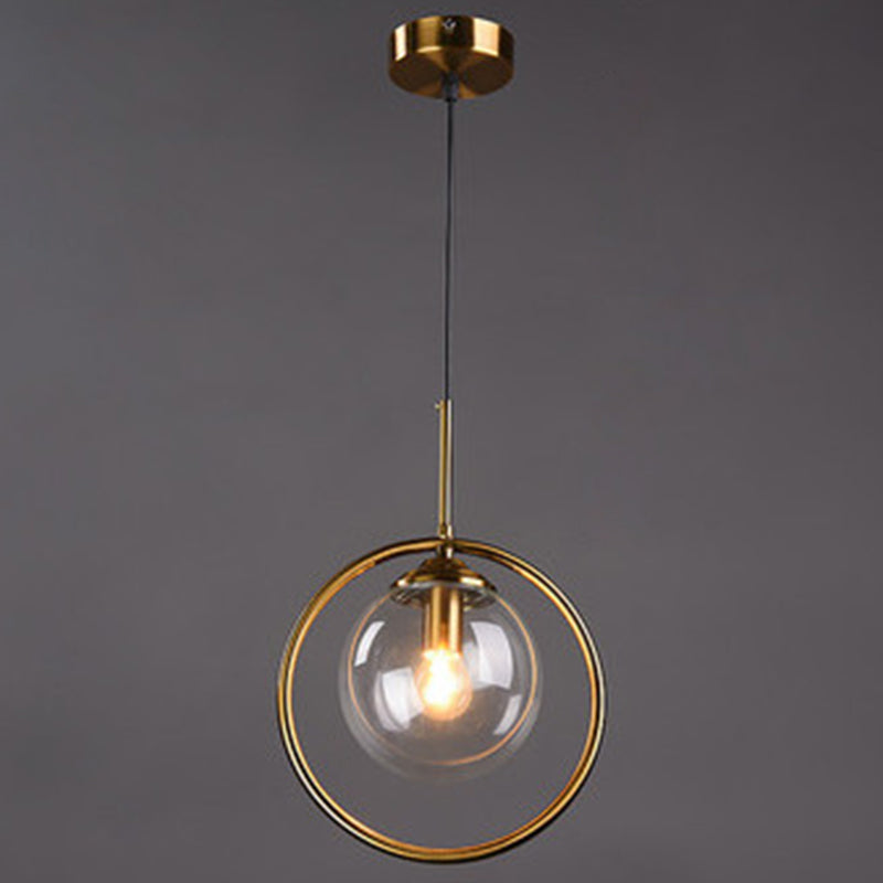 Mid-Century Design Globe Hanging Lamp Glass Shade with Metal Ring For Bedroom Clear Round Clearhalo 'Ceiling Lights' 'Glass shade' 'Glass' 'Modern Pendants' 'Modern' 'Pendant Lights' 'Pendants' Lighting' 2579319