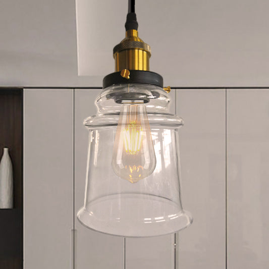 Tapered Shade Foyer Suspension Lamp Clear Glass 1 Bulb Vintage Style Height Adjustable Pendant Lighting in Brass Finish Clearhalo 'Ceiling Lights' 'Glass shade' 'Glass' 'Industrial Pendants' 'Industrial' 'Middle Century Pendants' 'Pendant Lights' 'Pendants' 'Tiffany' Lighting' 257939