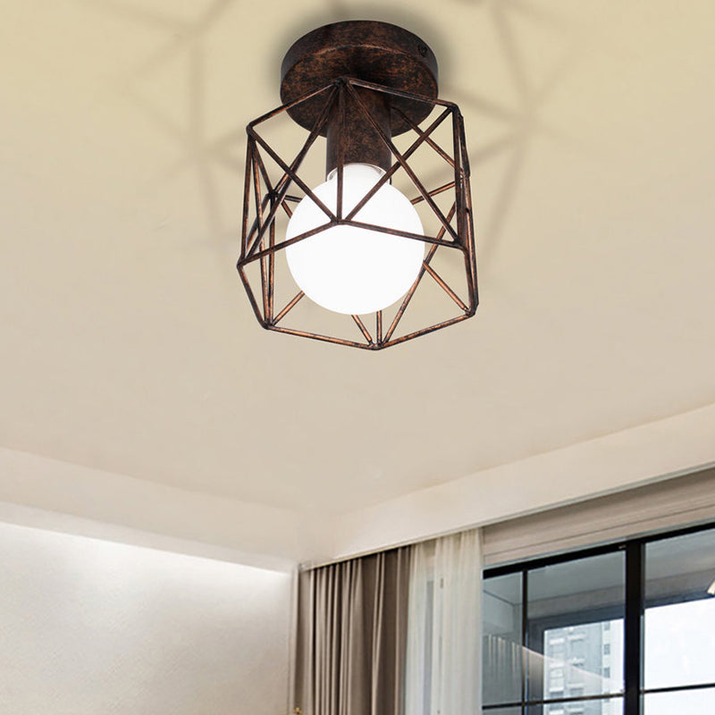 Wire Cage Iron Semi Flush Light Fixture Warehouse 1 Light Antique Bronze Semi Mount Lighting with Hexagon Shade Antique Bronze Clearhalo 'Ceiling Lights' 'Close To Ceiling Lights' 'Close to ceiling' 'Flush mount' 'Industrial Flush Mount' Lighting' 257947