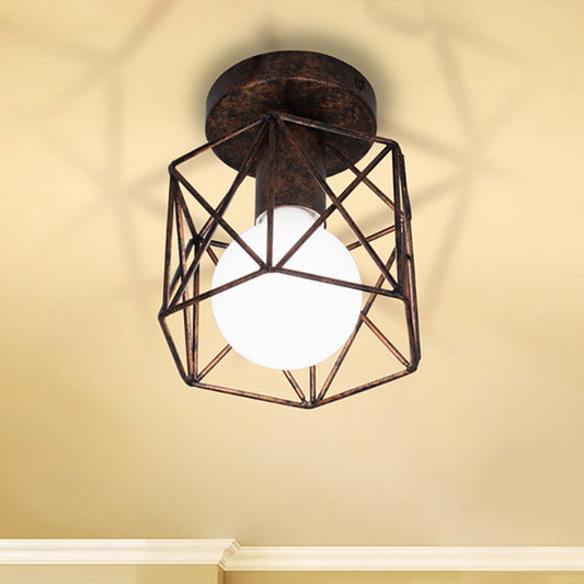 Wire Cage Iron Semi Flush Light Fixture Warehouse 1 Light Antique Bronze Semi Mount Lighting with Hexagon Shade Clearhalo 'Ceiling Lights' 'Close To Ceiling Lights' 'Close to ceiling' 'Flush mount' 'Industrial Flush Mount' Lighting' 257948