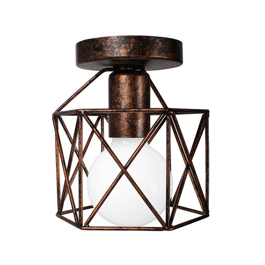 Wire Cage Iron Semi Flush Light Fixture Warehouse 1 Light Antique Bronze Semi Mount Lighting with Hexagon Shade Clearhalo 'Ceiling Lights' 'Close To Ceiling Lights' 'Close to ceiling' 'Flush mount' 'Industrial Flush Mount' Lighting' 257950