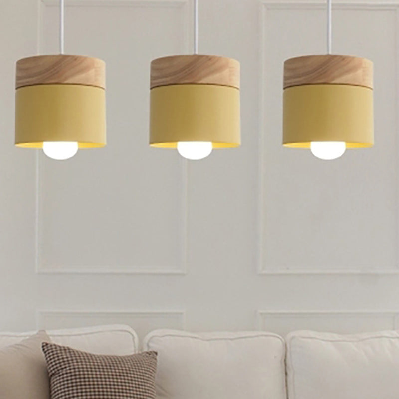Modern Minimalist Wooden Top Pendant Light Metal Macarons 1-Light Pendant Lighting Clearhalo 'Ceiling Lights' 'Modern Pendants' 'Modern' 'Pendant Lights' 'Pendants' Lighting' 2579580