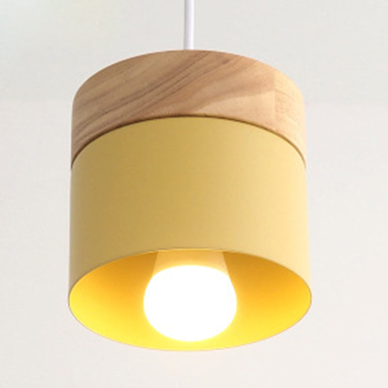 Modern Minimalist Wooden Top Pendant Light Metal Macarons 1-Light Pendant Lighting Yellow Clearhalo 'Ceiling Lights' 'Modern Pendants' 'Modern' 'Pendant Lights' 'Pendants' Lighting' 2579584