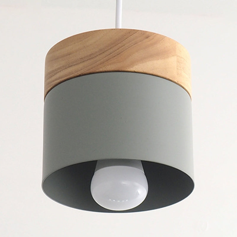 Modern Minimalist Wooden Top Pendant Light Metal Macarons 1-Light Pendant Lighting Gray-Green Clearhalo 'Ceiling Lights' 'Modern Pendants' 'Modern' 'Pendant Lights' 'Pendants' Lighting' 2579586