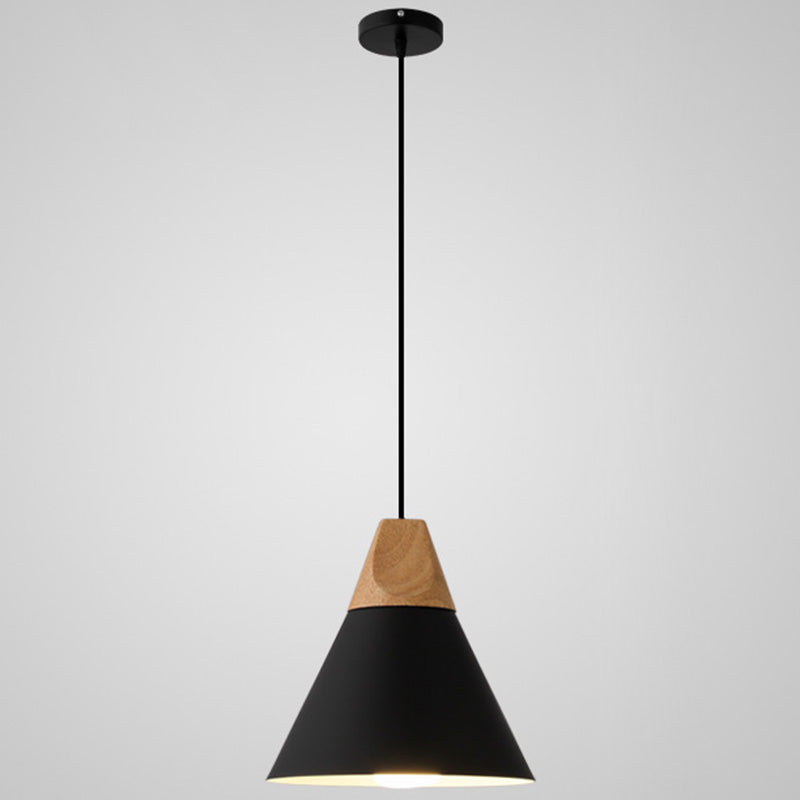 Metal Tapered Hanging Light Nordic Style 1 Light Restaurant Ceiling Pendant Lamp with Wooden Top Black 9" Clearhalo 'Ceiling Lights' 'Modern Pendants' 'Modern' 'Pendant Lights' 'Pendants' Lighting' 2579796