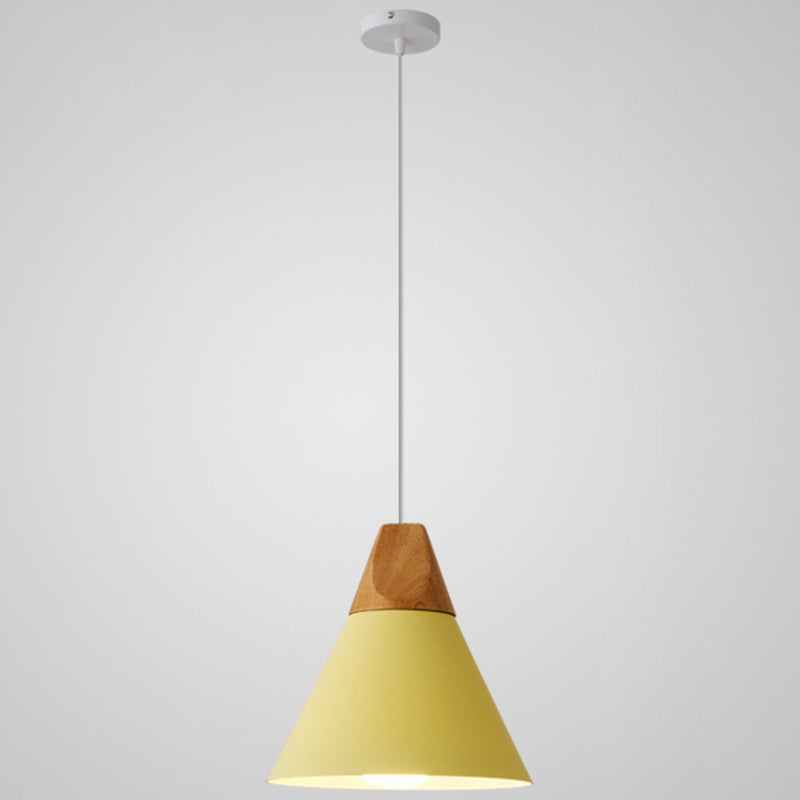 Metal Tapered Hanging Light Nordic Style 1 Light Restaurant Ceiling Pendant Lamp with Wooden Top Yellow 9" Clearhalo 'Ceiling Lights' 'Modern Pendants' 'Modern' 'Pendant Lights' 'Pendants' Lighting' 2579797