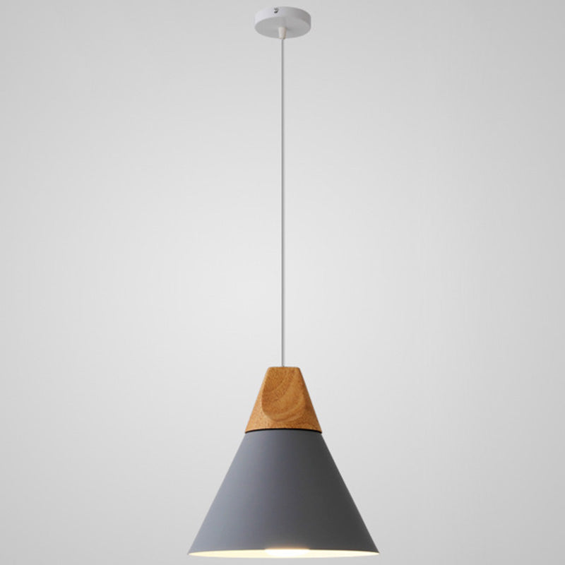 Metal Tapered Hanging Light Nordic Style 1 Light Restaurant Ceiling Pendant Lamp with Wooden Top Grey 9" Clearhalo 'Ceiling Lights' 'Modern Pendants' 'Modern' 'Pendant Lights' 'Pendants' Lighting' 2579799