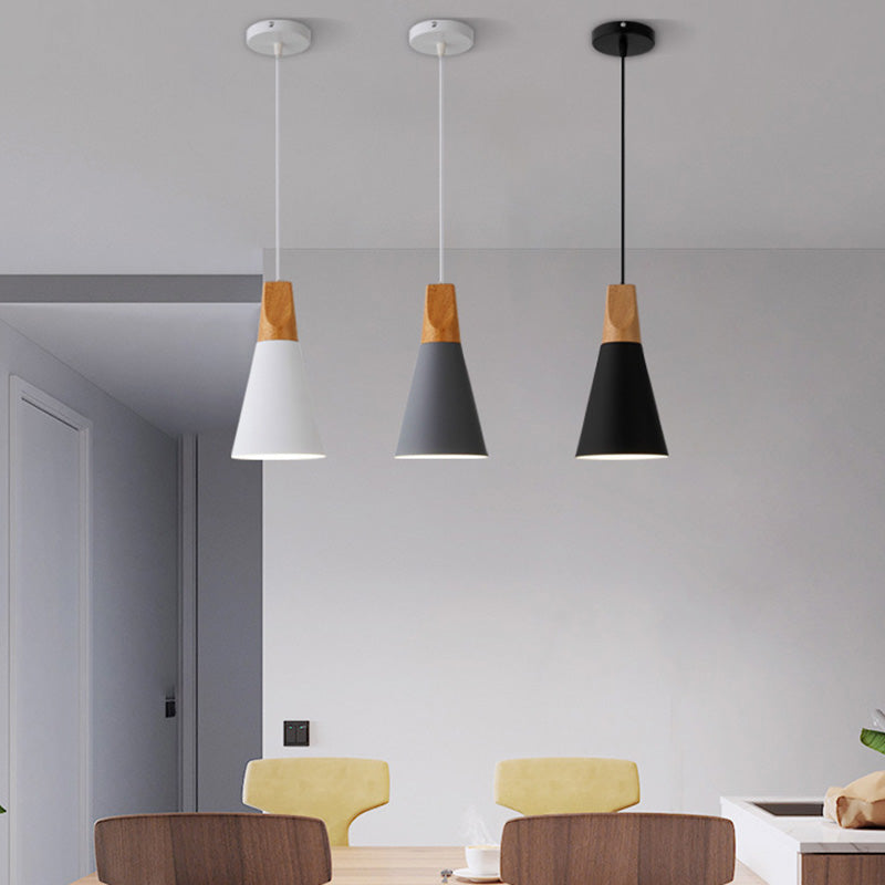Metal Tapered Hanging Light Nordic Style 1 Light Restaurant Ceiling Pendant Lamp with Wooden Top Clearhalo 'Ceiling Lights' 'Modern Pendants' 'Modern' 'Pendant Lights' 'Pendants' Lighting' 2579800