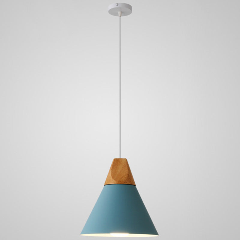 Metal Tapered Hanging Light Nordic Style 1 Light Restaurant Ceiling Pendant Lamp with Wooden Top Blue 9" Clearhalo 'Ceiling Lights' 'Modern Pendants' 'Modern' 'Pendant Lights' 'Pendants' Lighting' 2579801