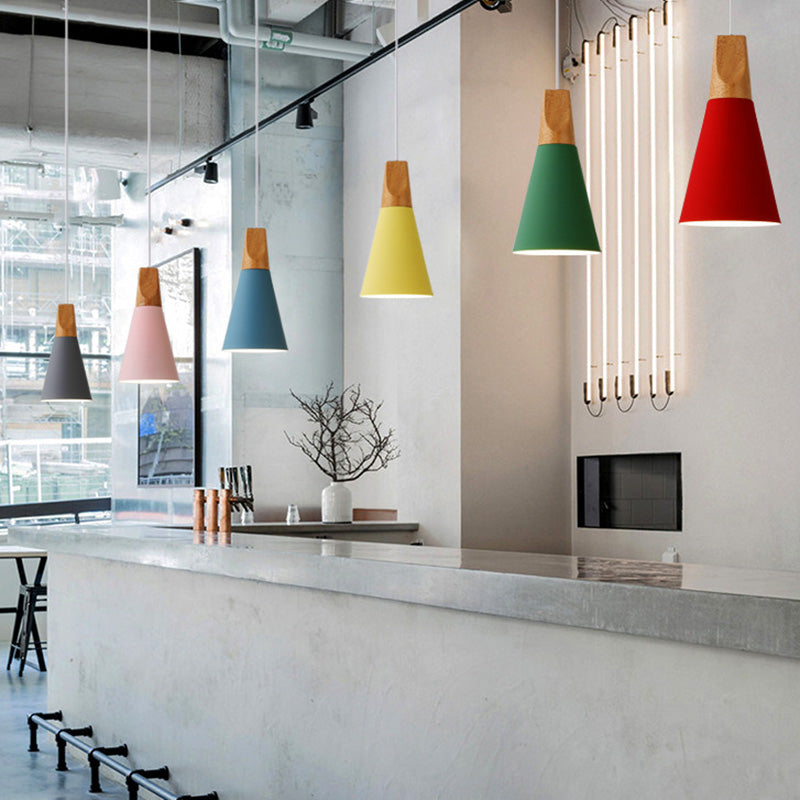 Metal Tapered Hanging Light Nordic Style 1 Light Restaurant Ceiling Pendant Lamp with Wooden Top Clearhalo 'Ceiling Lights' 'Modern Pendants' 'Modern' 'Pendant Lights' 'Pendants' Lighting' 2579802