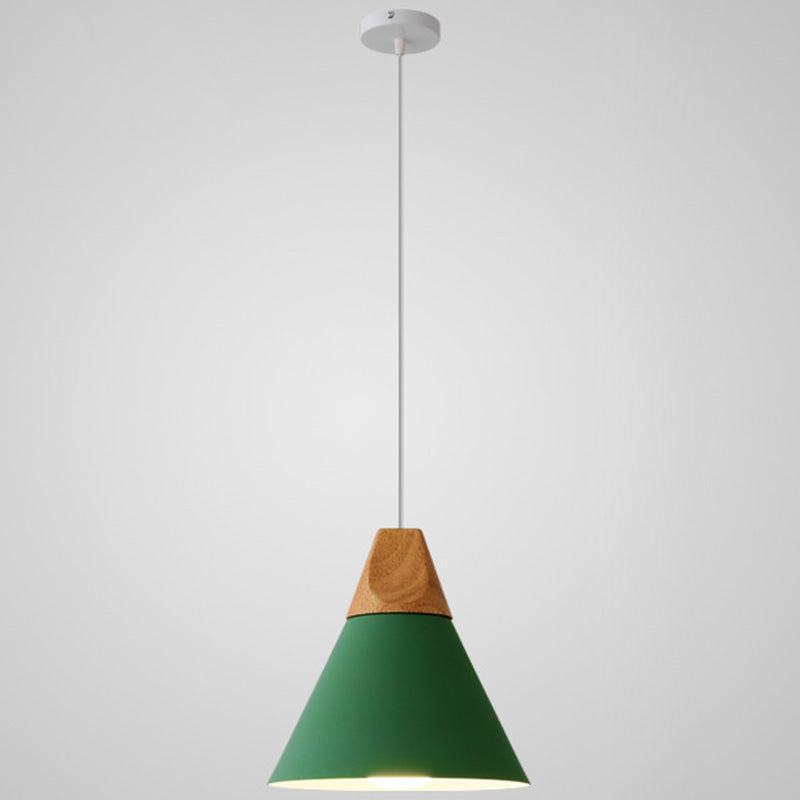Metal Tapered Hanging Light Nordic Style 1 Light Restaurant Ceiling Pendant Lamp with Wooden Top Green 9" Clearhalo 'Ceiling Lights' 'Modern Pendants' 'Modern' 'Pendant Lights' 'Pendants' Lighting' 2579803