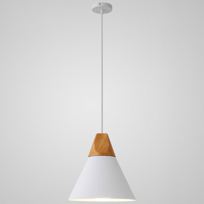 Metal Tapered Hanging Light Nordic Style 1 Light Restaurant Ceiling Pendant Lamp with Wooden Top White 9" Clearhalo 'Ceiling Lights' 'Modern Pendants' 'Modern' 'Pendant Lights' 'Pendants' Lighting' 2579806