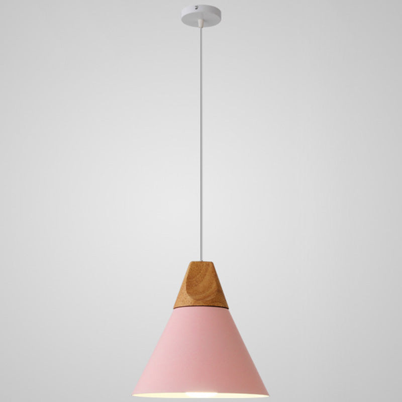 Metal Tapered Hanging Light Nordic Style 1 Light Restaurant Ceiling Pendant Lamp with Wooden Top Pink 9" Clearhalo 'Ceiling Lights' 'Modern Pendants' 'Modern' 'Pendant Lights' 'Pendants' Lighting' 2579808